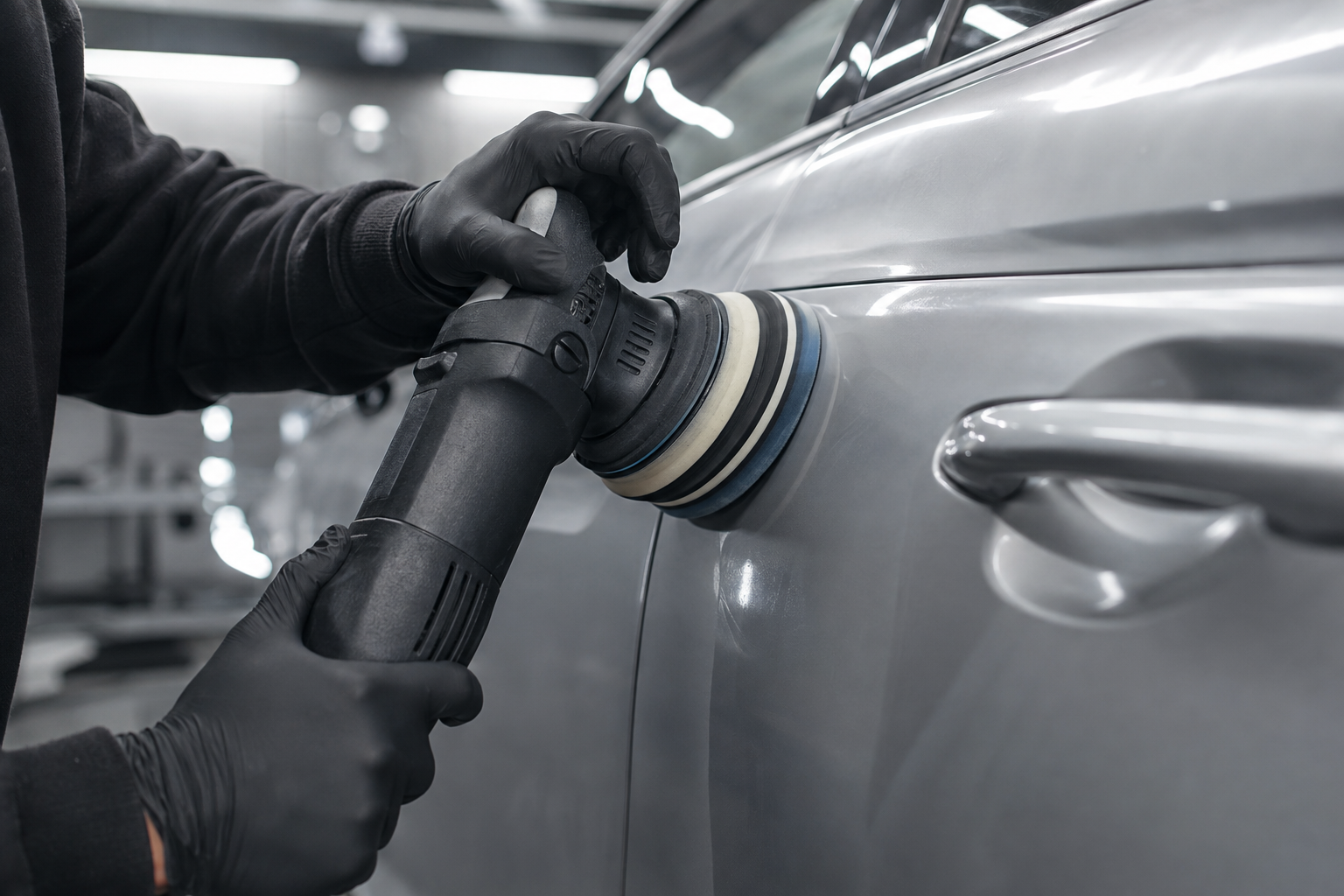 Technician repairing and polishing a car panel