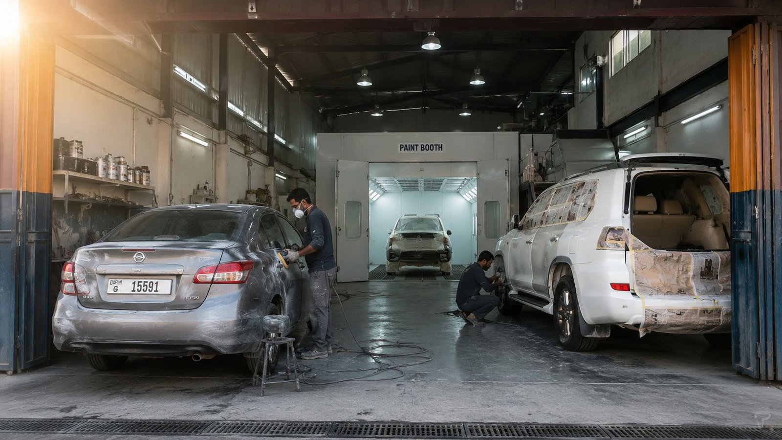 Paintora workshop with vehicles undergoing body and paint preparation