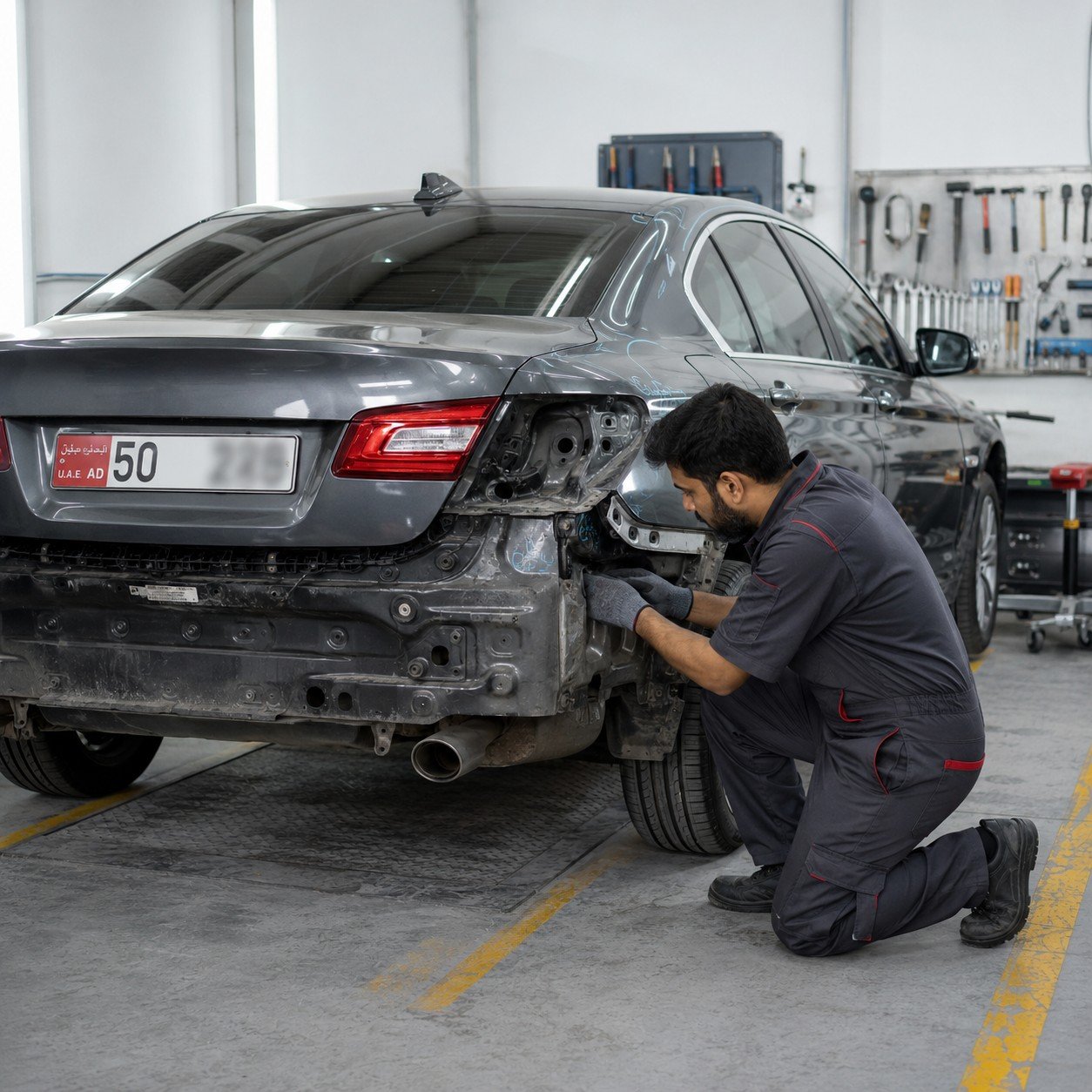 Technician working on the rear bodywork of a sedan
