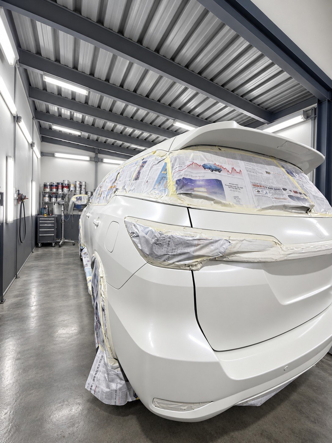 Vehicle masked for paint preparation inside a workshop paint area